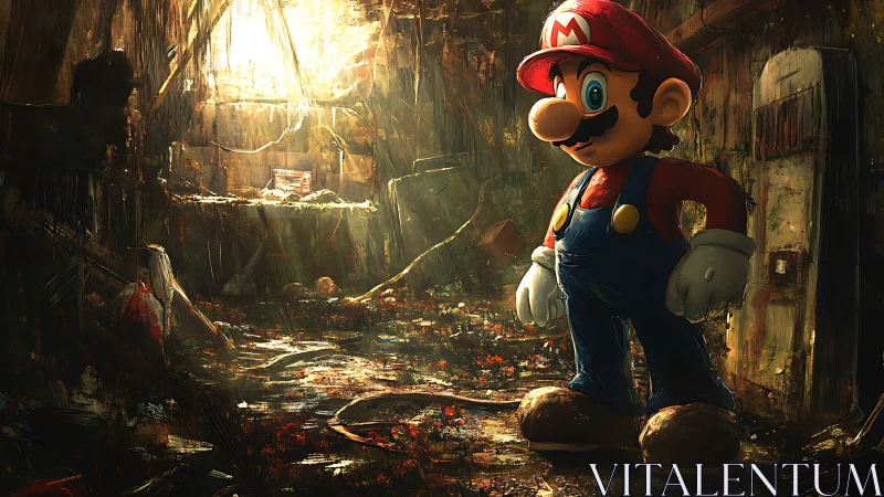 Cartoon plumber figure in decayed industrial interior scene.