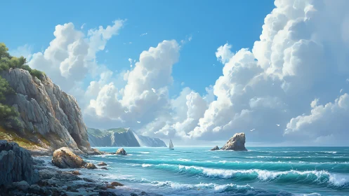 Sunlit coastal cliffs under towering cumulus clouds, midday