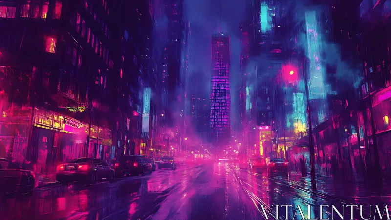 Neon-lit rainy city street with reflective wet roadway.