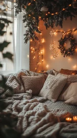 Warm bedroom nook uses layered textiles and string lights for ambience