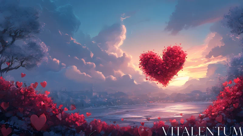 Digital rendering depicting a massive heart suspended in atmospheric clouds
