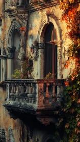 Golden hour warms a weathered balcony draped in autumn ivy
