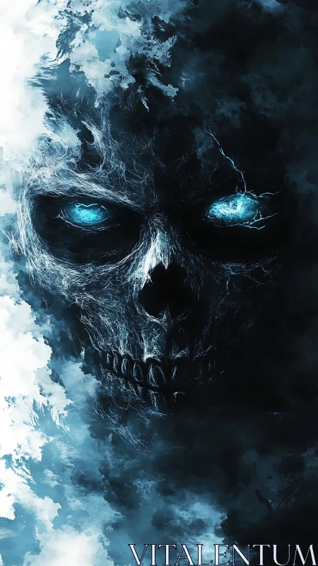 Glowing skull emerges from storm-dark clouds in icy gloom
