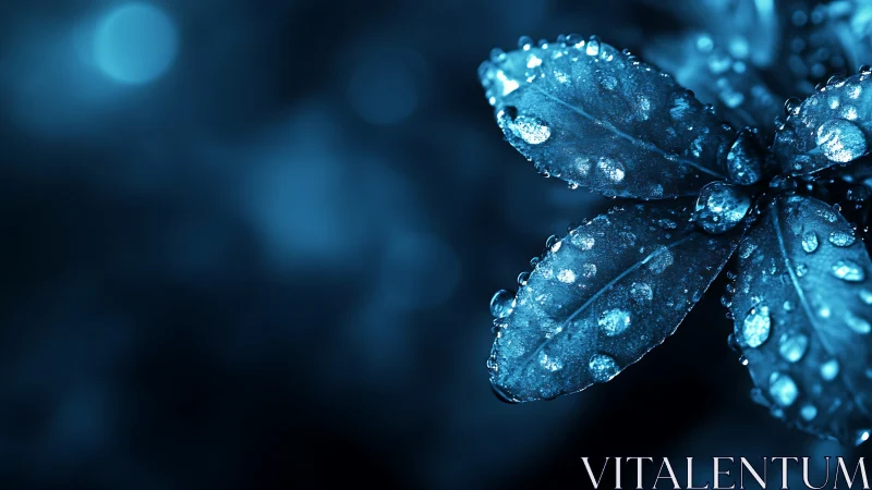 Close-up plant leaves hold water droplets under cool blue light