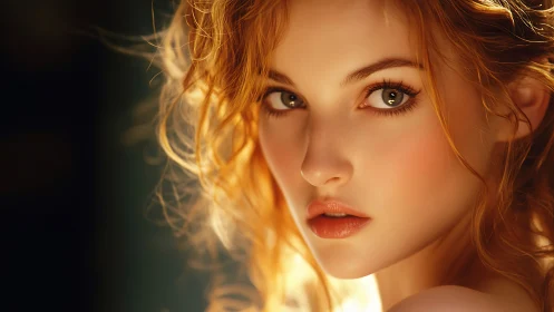 Close portrait of red-haired woman in warm light.