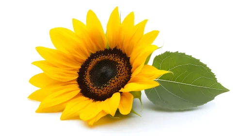Large sunflower with dark center and green leaves on white background