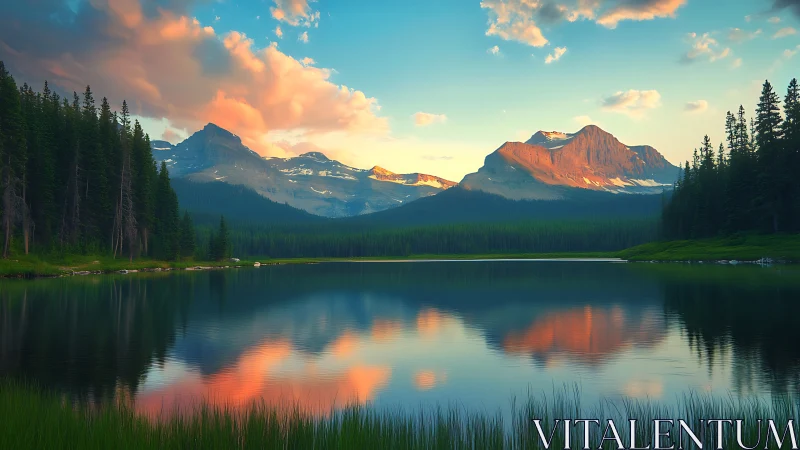 Golden evening mountains glow gently above a calm lake