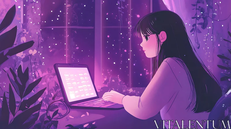 Girl uses glowing laptop at night near window with plants