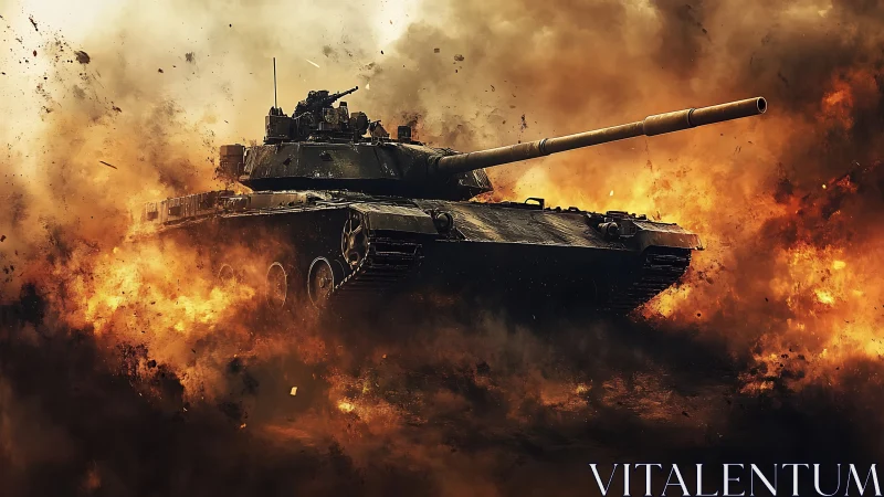 Main battle tank advancing through dense fire and smoke.