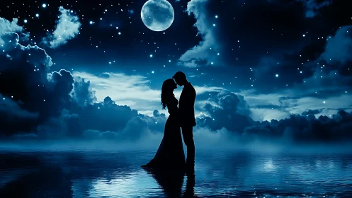 Moonlit Silhouette: Romantic Couple Under Full Moon.