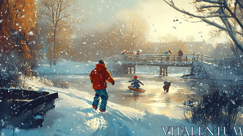 Snow-laden riverside scene shows children skating under diffuse light