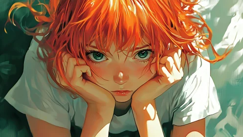 Intense green-eyed gaze under tousled orange hair portrait.