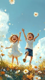 Two Children Joyfully Leaping Through a Sunny Daisy Meadow
