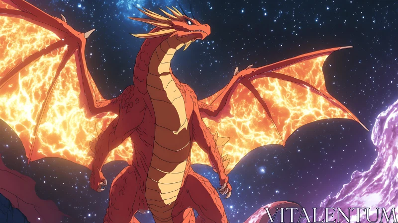 Lava-veined red dragon dominates starfield with emissive plasma wings