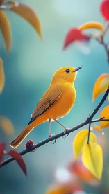 Yellow bird perched on dark branch with colorful foliage background
