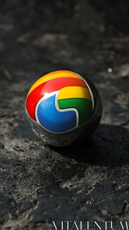 Chrome Logo Ball Rests on Concrete Ground.