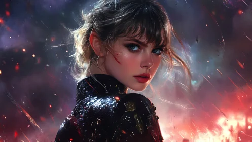 Cinematic warrior portrait in ember filled atmospheric chaos