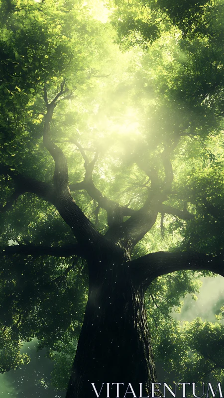 Towering Tree Illuminated by Golden Sunlight Through Canopy