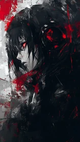 Side-lit cyberpunk portrait with crimson abstract shards.