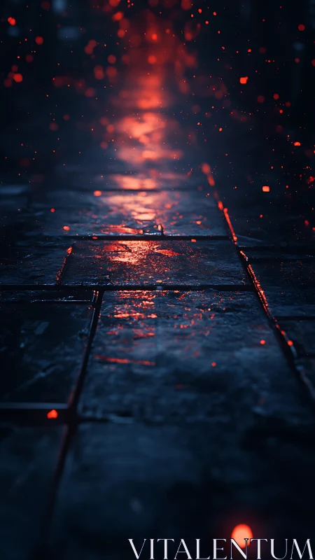 Wet pavement at dusk with glowing red particles suspended in atmosphere.