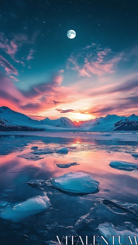 Glowing polar sunset welcomes icy peaks and mirrored moonlight