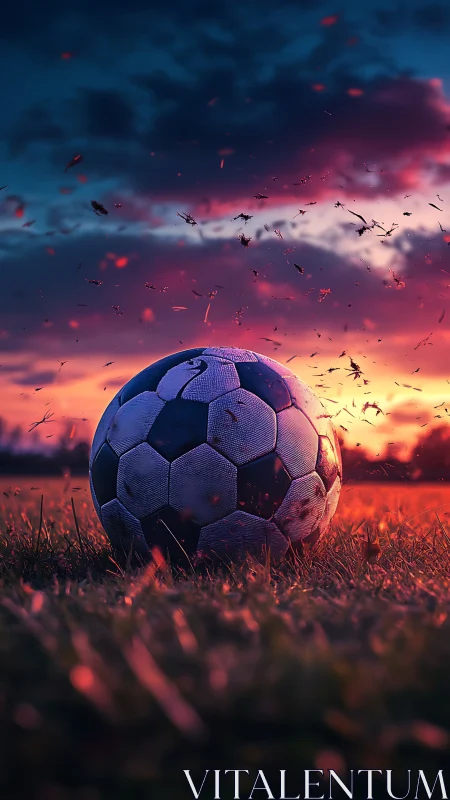Soccer ball on grass field under vivid sunset sky period