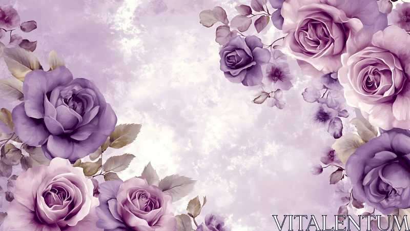 Purple roses arranged symmetrically against soft bokeh background
