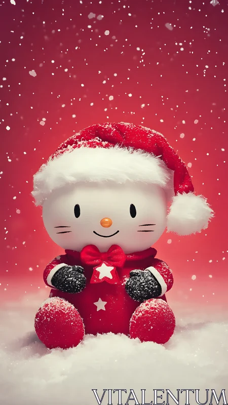 Snow-kissed Santa kitty plush in candy red wonderland.