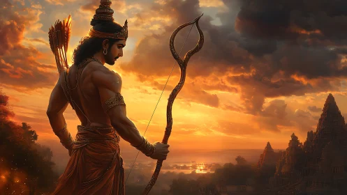 Warrior archer overlooks sacred temples at a burning sunset