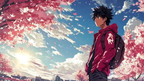 Sun‑washed petals orbit a quiet boy in crimson hoodie