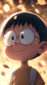 Smiling boy with glasses in glowing autumn light.