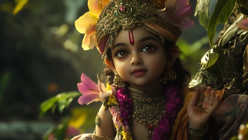 Divine child portrait with ornate floral crown and glow.