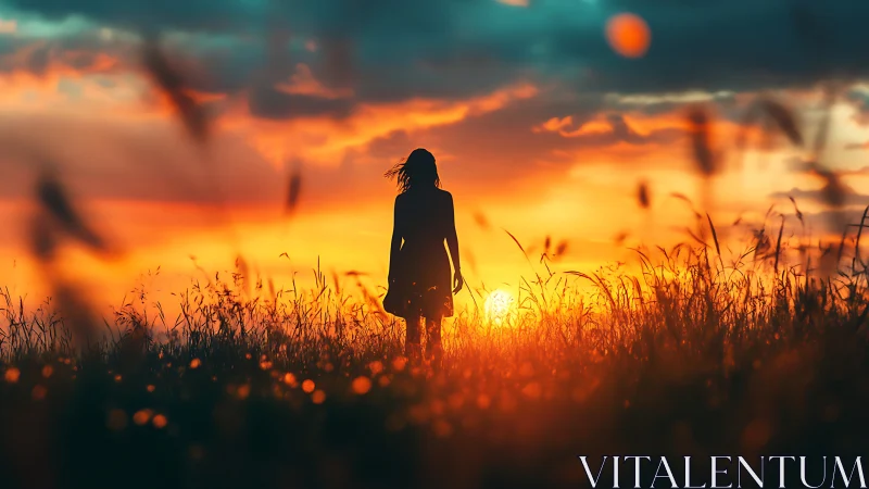 Silhouetted figure in meadow against high-saturation sunset sky