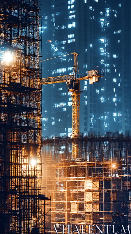 Urban construction site with crane and scaffolding at night.