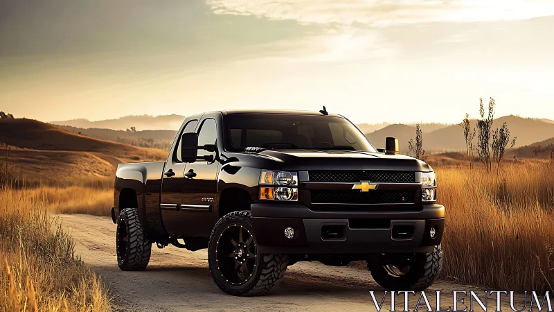 Black Chevrolet pickup truck on rural dirt road at dusk.