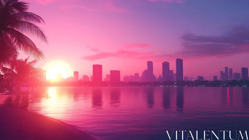 Neon sunset lagoon kissing a dreamy synthwave skyline.