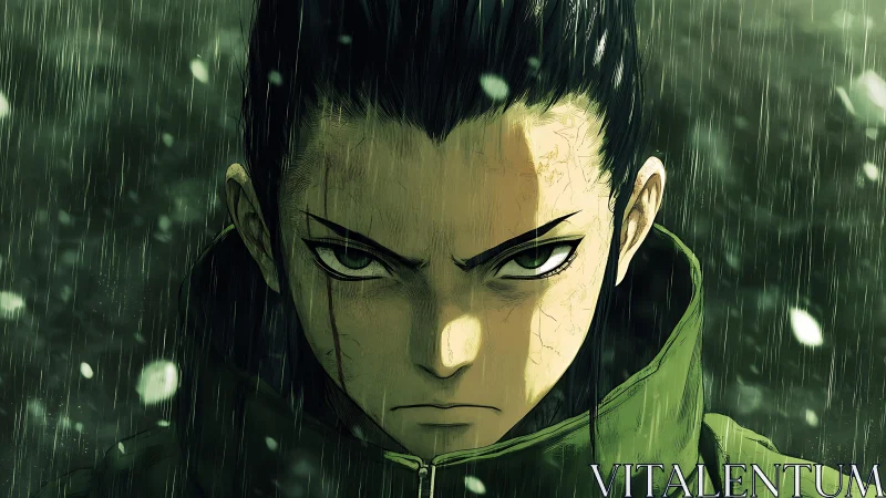 Storm-eyed warrior standing unshaken beneath green rain.