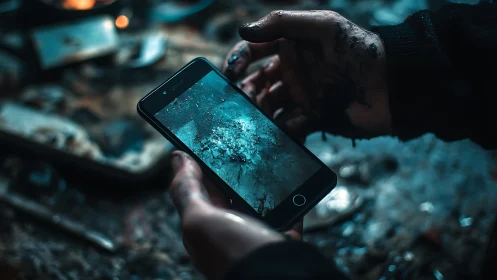 Grimy hands holding smartphone over wet debris, cyan bokeh light