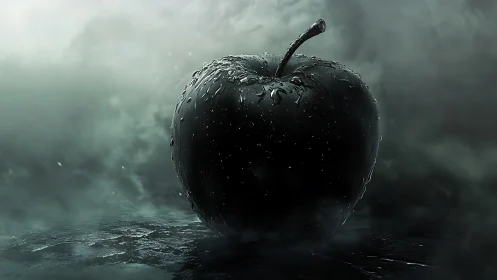 Dark wet apple in moody atmospheric digital artwork.