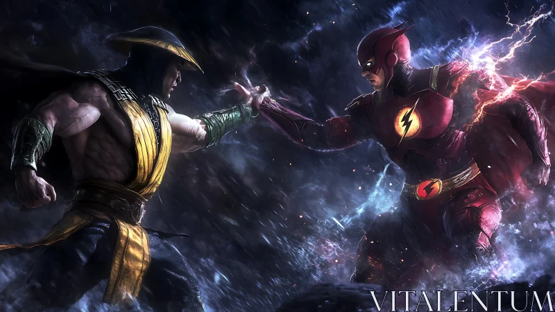 Two costumed fighters confront each other in dynamic motion