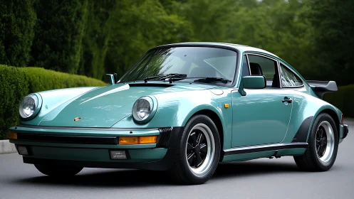 Classic teal sports car waits calmly on a quiet green lane