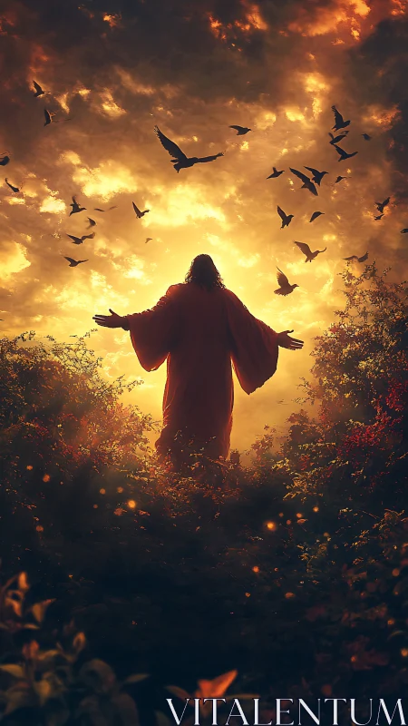 Silhouetted robed figure welcomes dawn beneath flaming sky