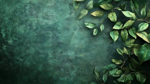 Diagonal foliage over textured teal background forms layered contrast