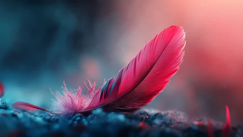 Digital painting of neon pink feather in soft bokeh field.