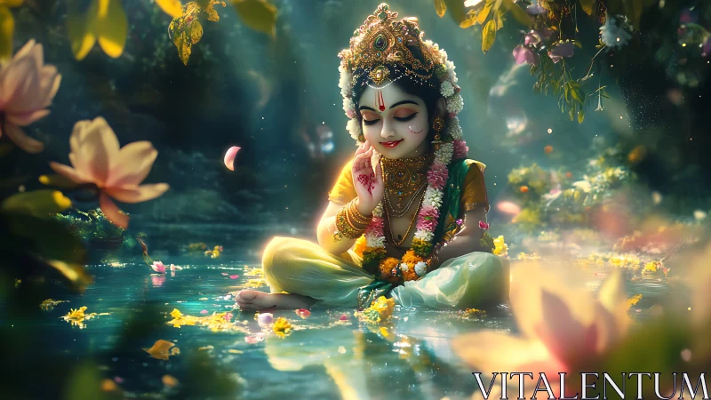 Divine child deity meditates serenely in a lotus-filled pond