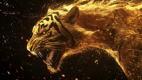 Golden particle tiger roaring through dark void motion.