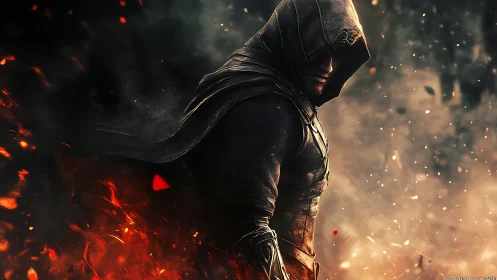 Hooded rogue in burning embers and swirling smoke scene.