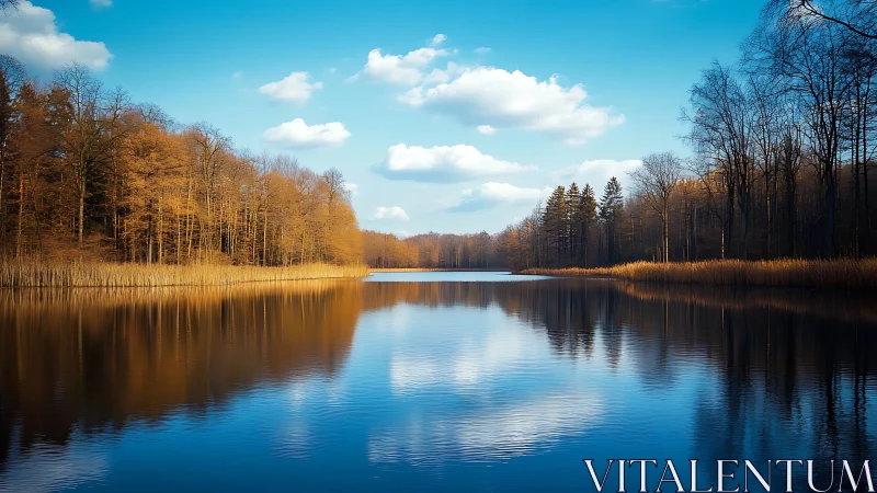 Symmetric autumn lakescape with reflective sky mirroring dynamics.