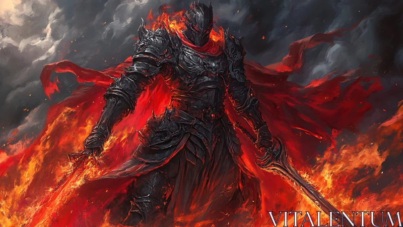 Dark armored warrior with flaming swords amid intense fire.