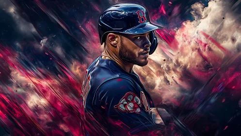 Baseball batter in blue uniform with abstract streaked clouds.